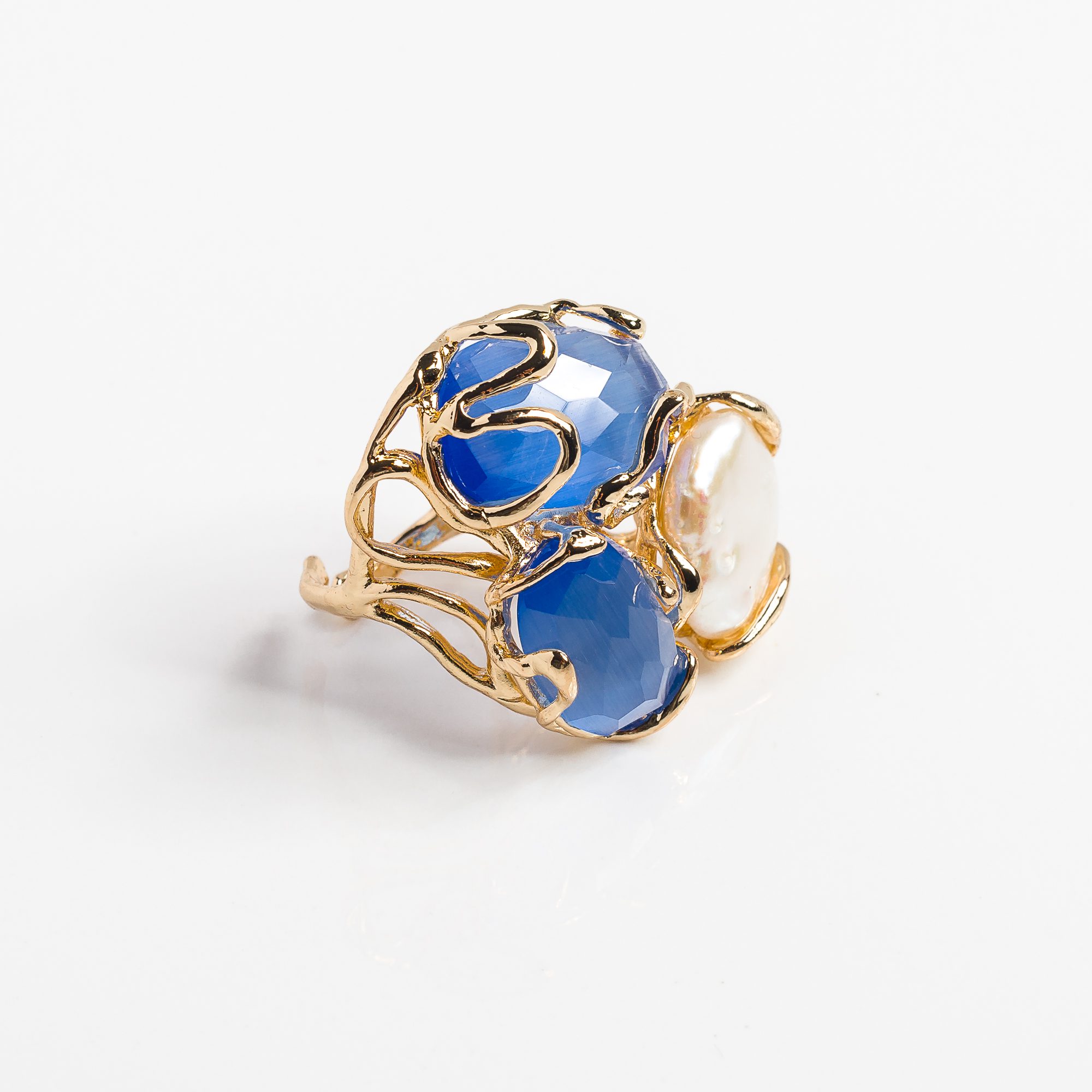 BLUE cat's eye, Baroque pearl Caramello ring - Image 2