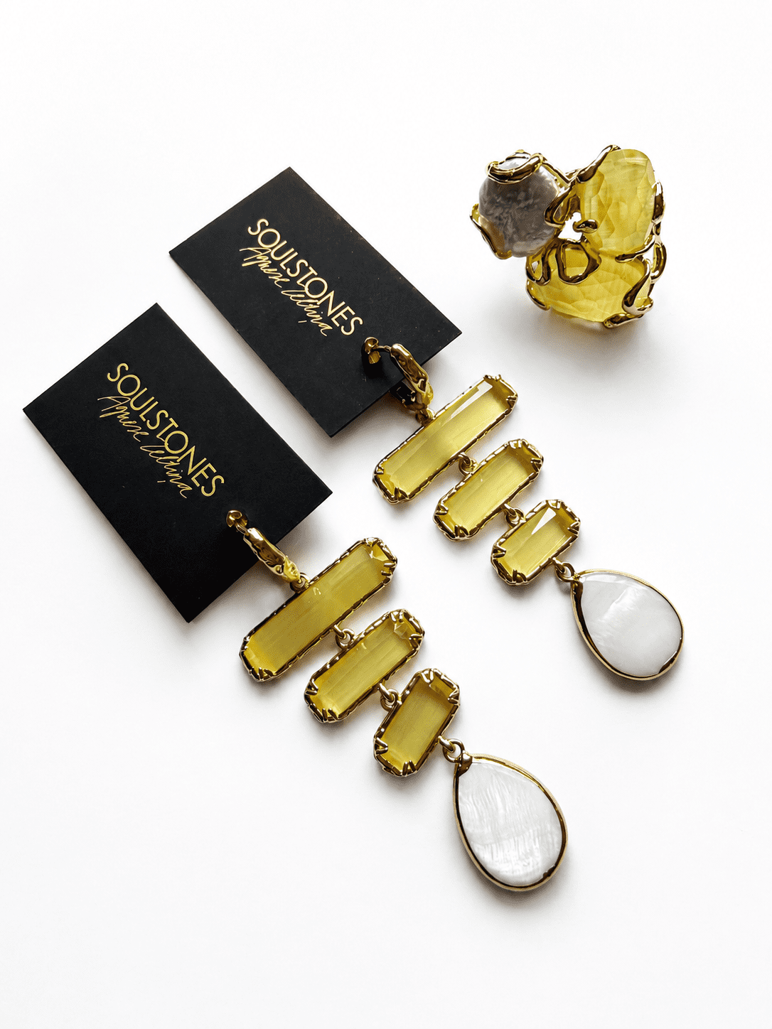 LIMONCELLO Cat Caramello Ring with a Baroque Pearl and DUE Earring Set