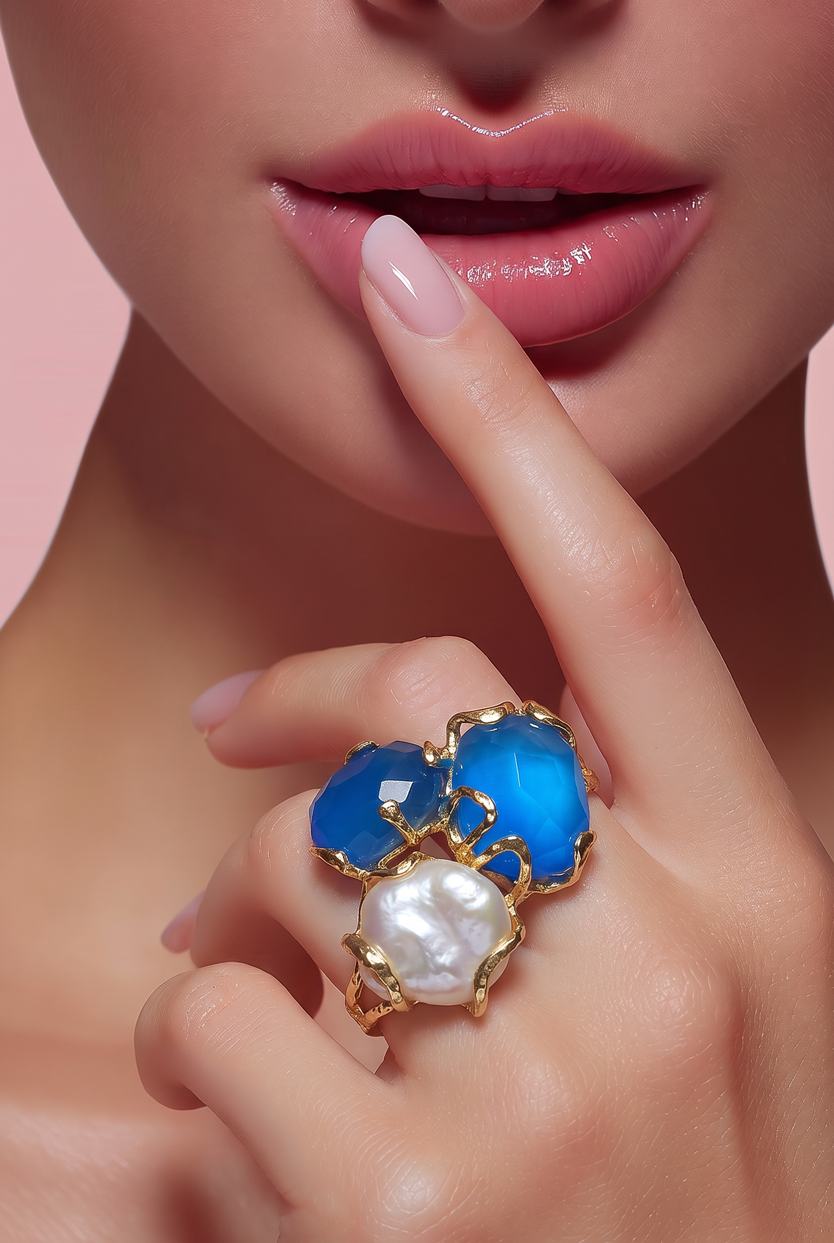 BLUE cat's eye, Baroque pearl Caramello ring