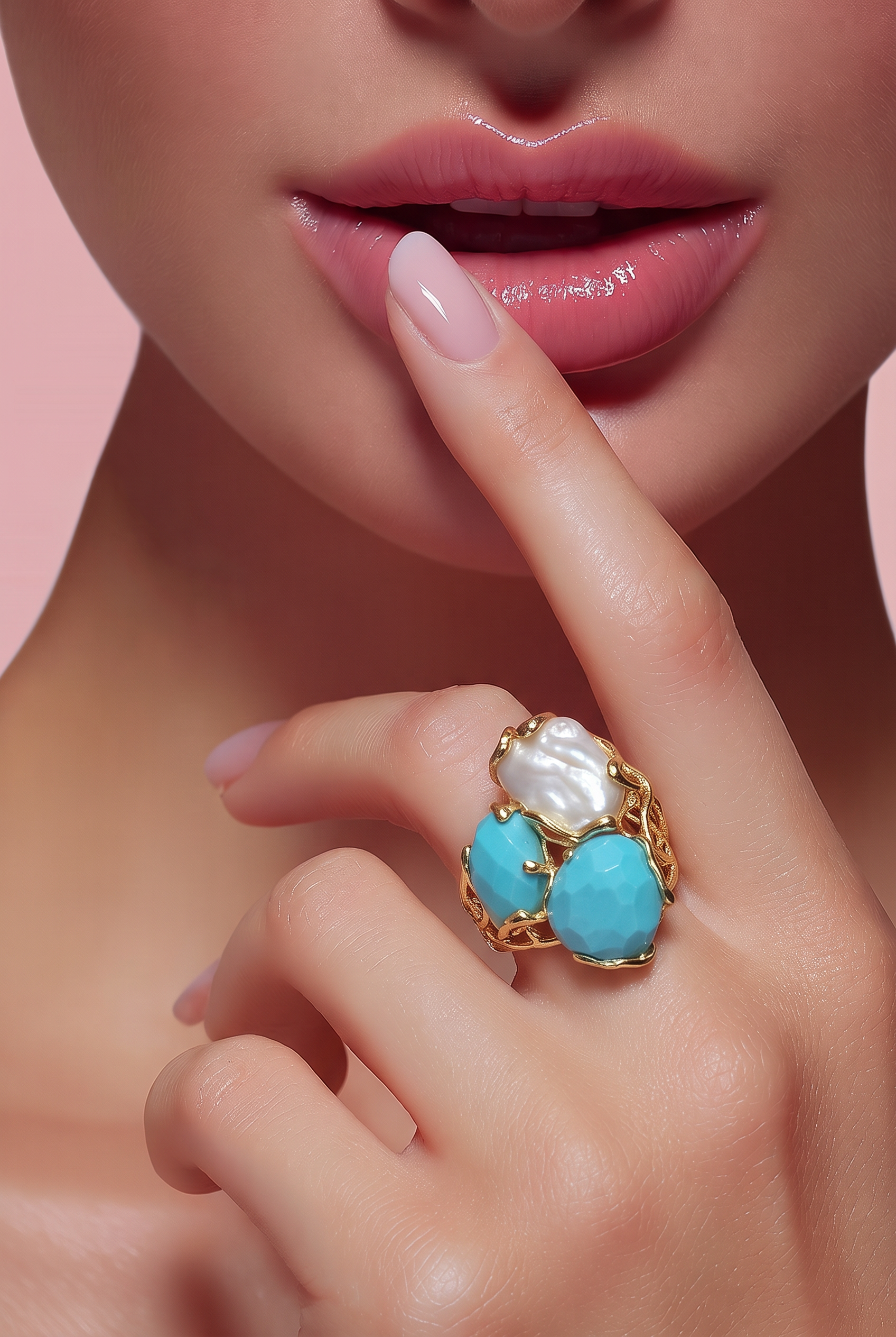 Turquoise, Baroque pearl Caramello ring