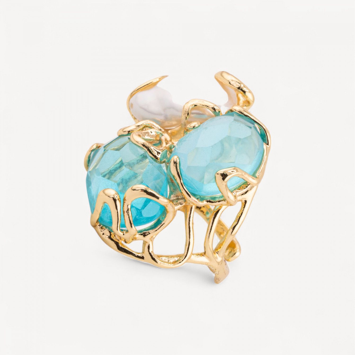 PRE-ORDER 5/21. Sea Blue crystal, Baroque pearl Caramello ring
