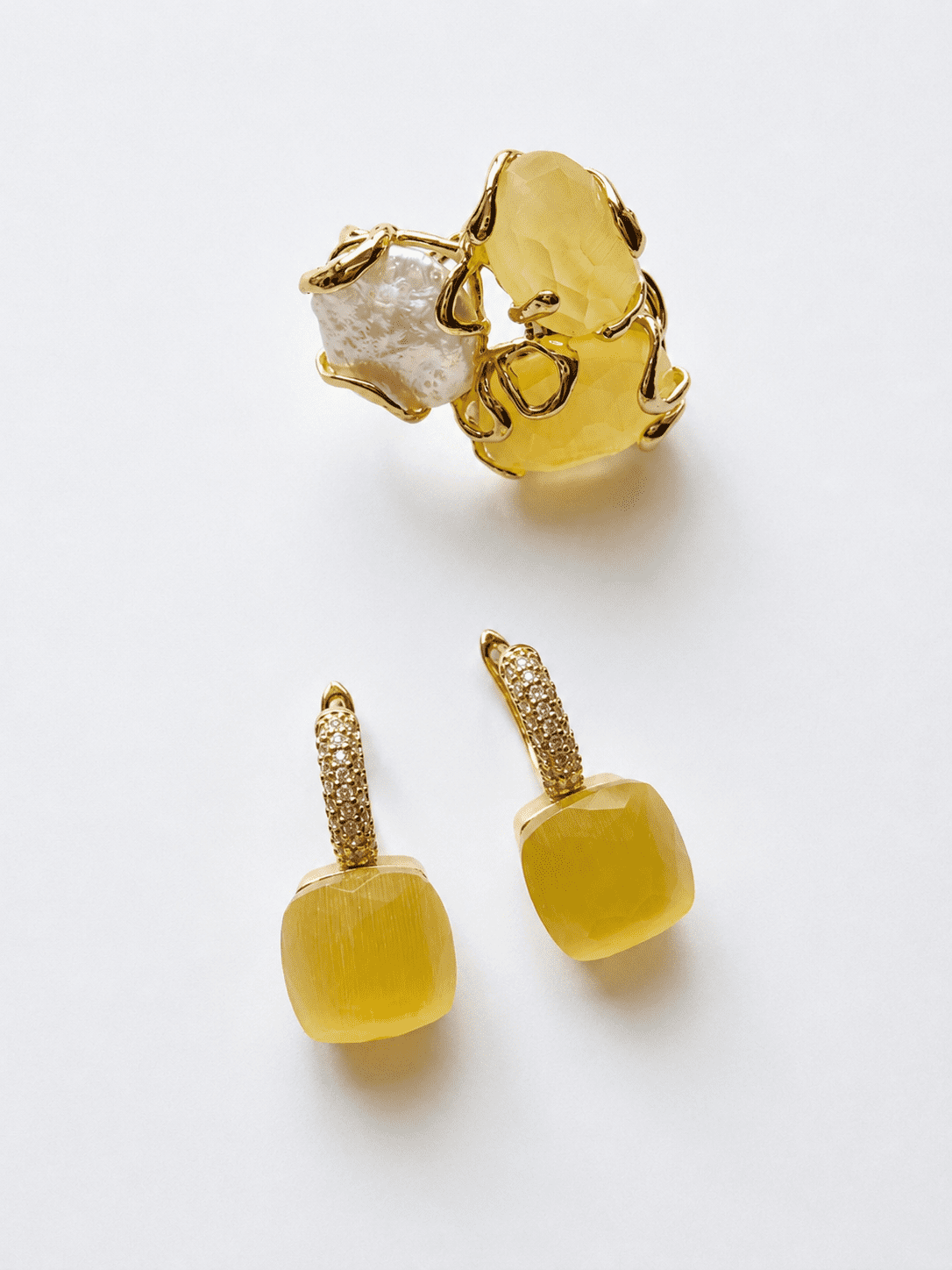 LIMONCELLO Cat Caramello Ring with Baroque Pearl and Crystal Earring Set