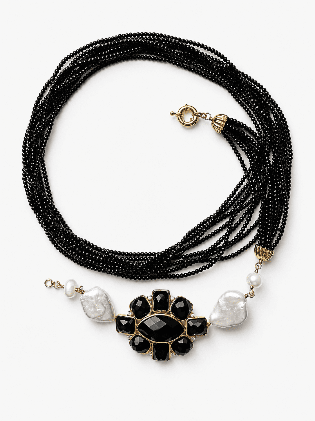 PRE-ORDER 5/29 FIORELLA necklace featuring crystal, onyx, and baroque pearls set in natural stones