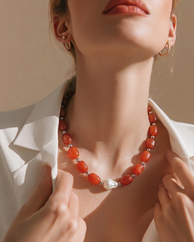 Dolce Vita Red Agate and Baroque Pearl Natural Stone Necklace