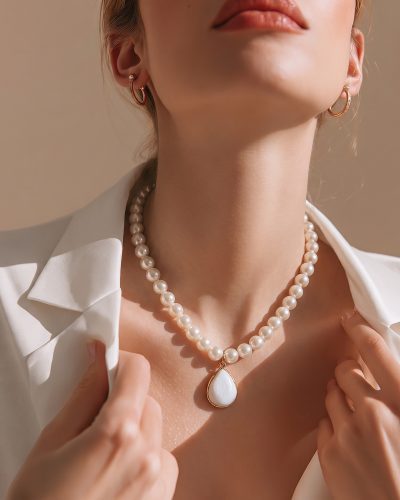 ROYAL SOUL 8 mm perlamutra pērļu čokeris ar perlamutra lāses piekariņu dāvanu kastē