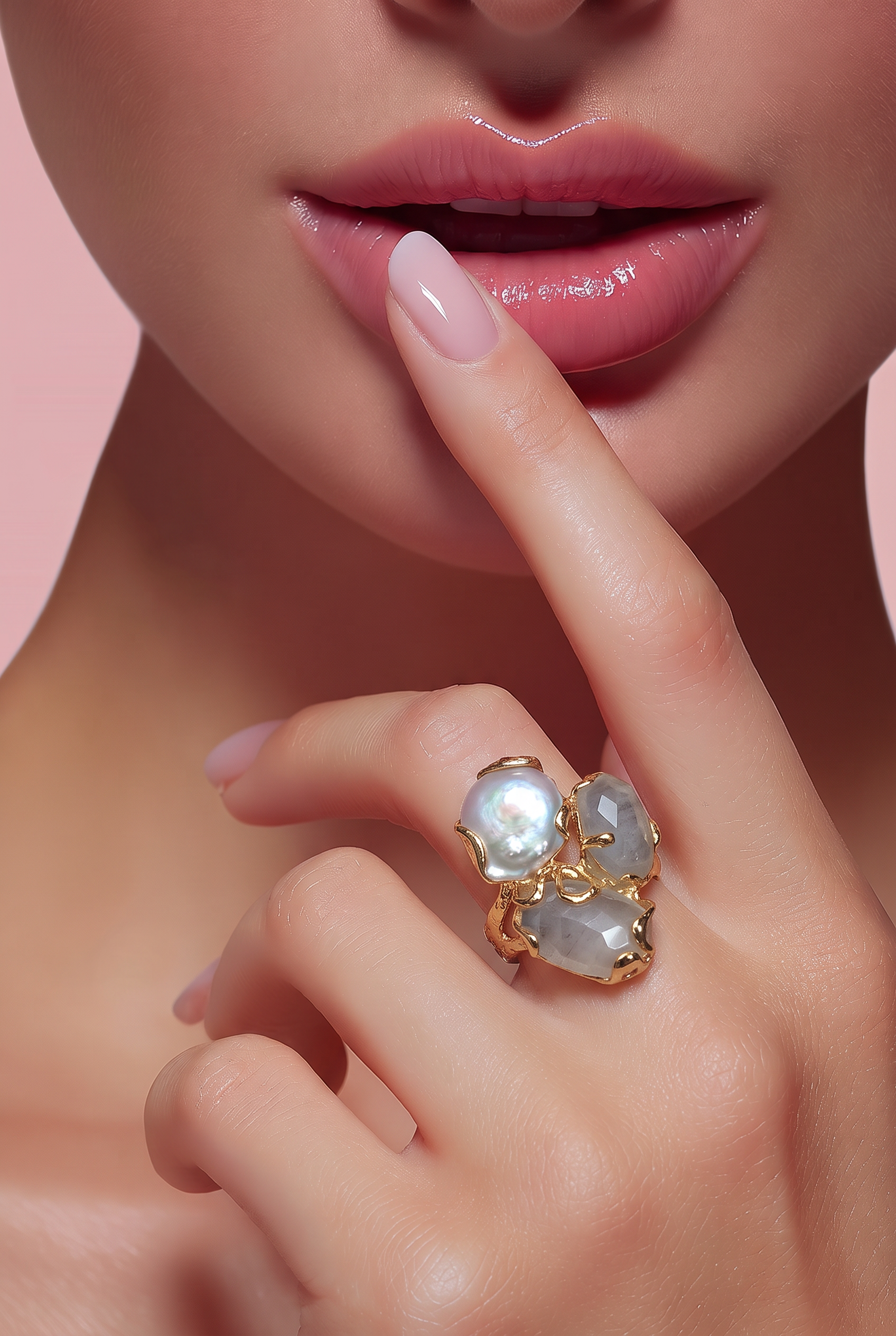 LIGHT GRAY cat's eye, Baroque pearl Caramello ring