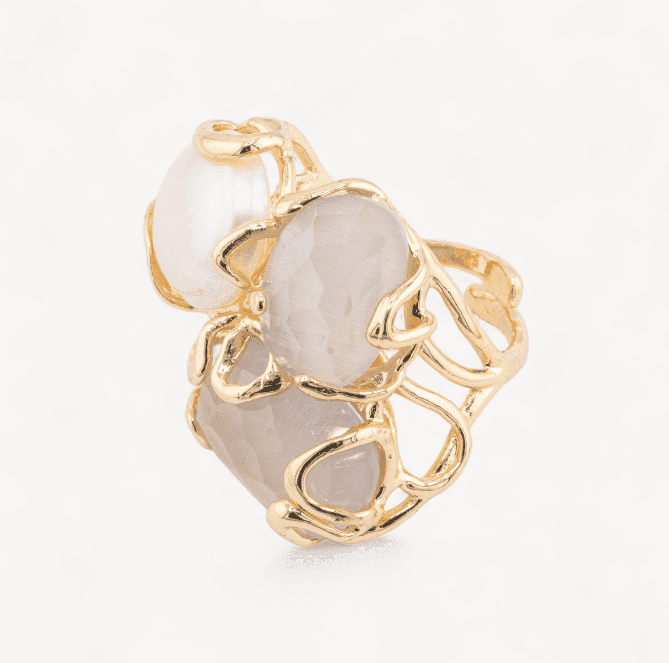 LIGHT GRAY cat's eye, Baroque pearl Caramello ring - Image 2