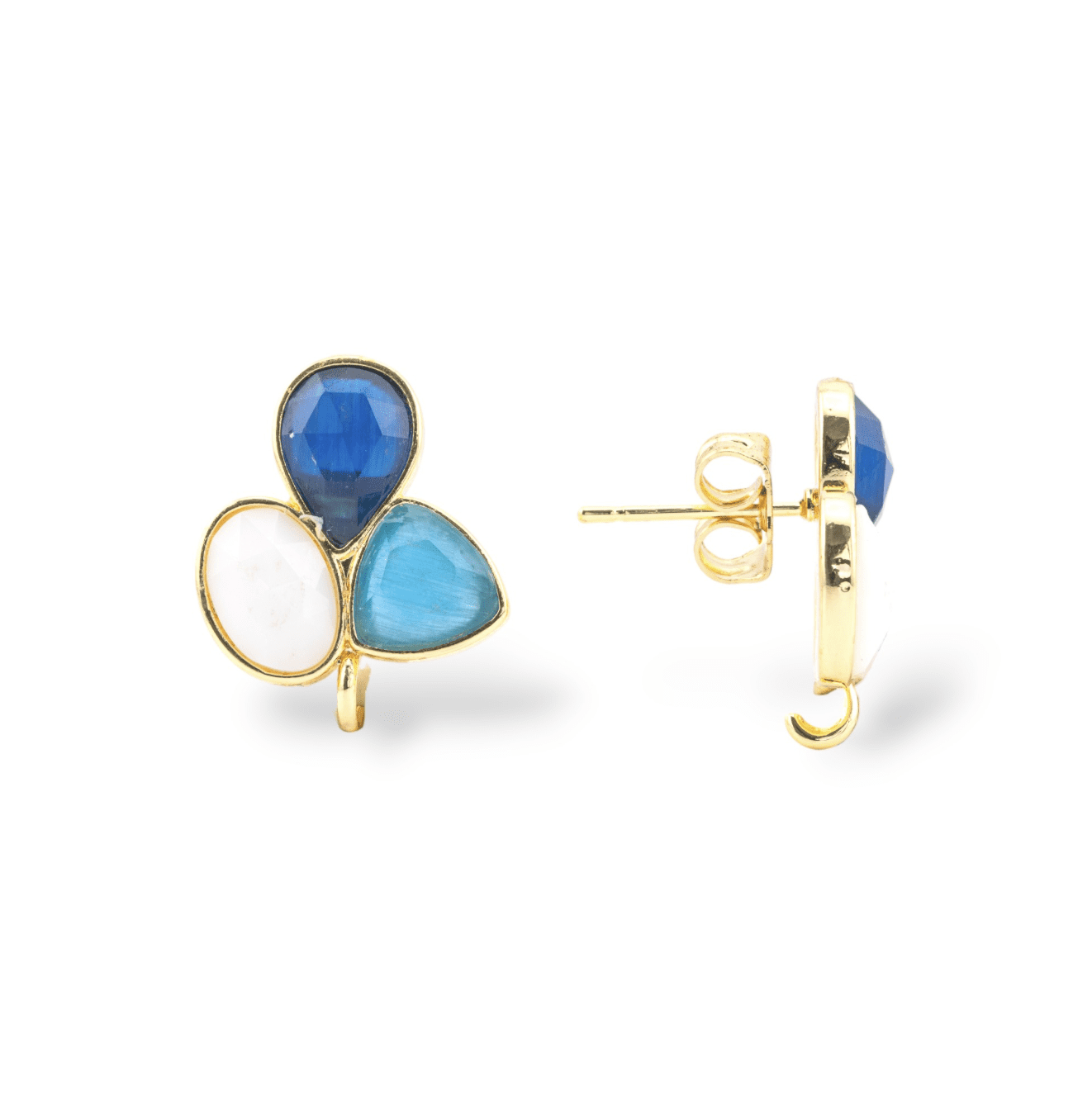 MIDNIGHT BLUE and light blue cat's eye, white agate stud earrings 17x17mm