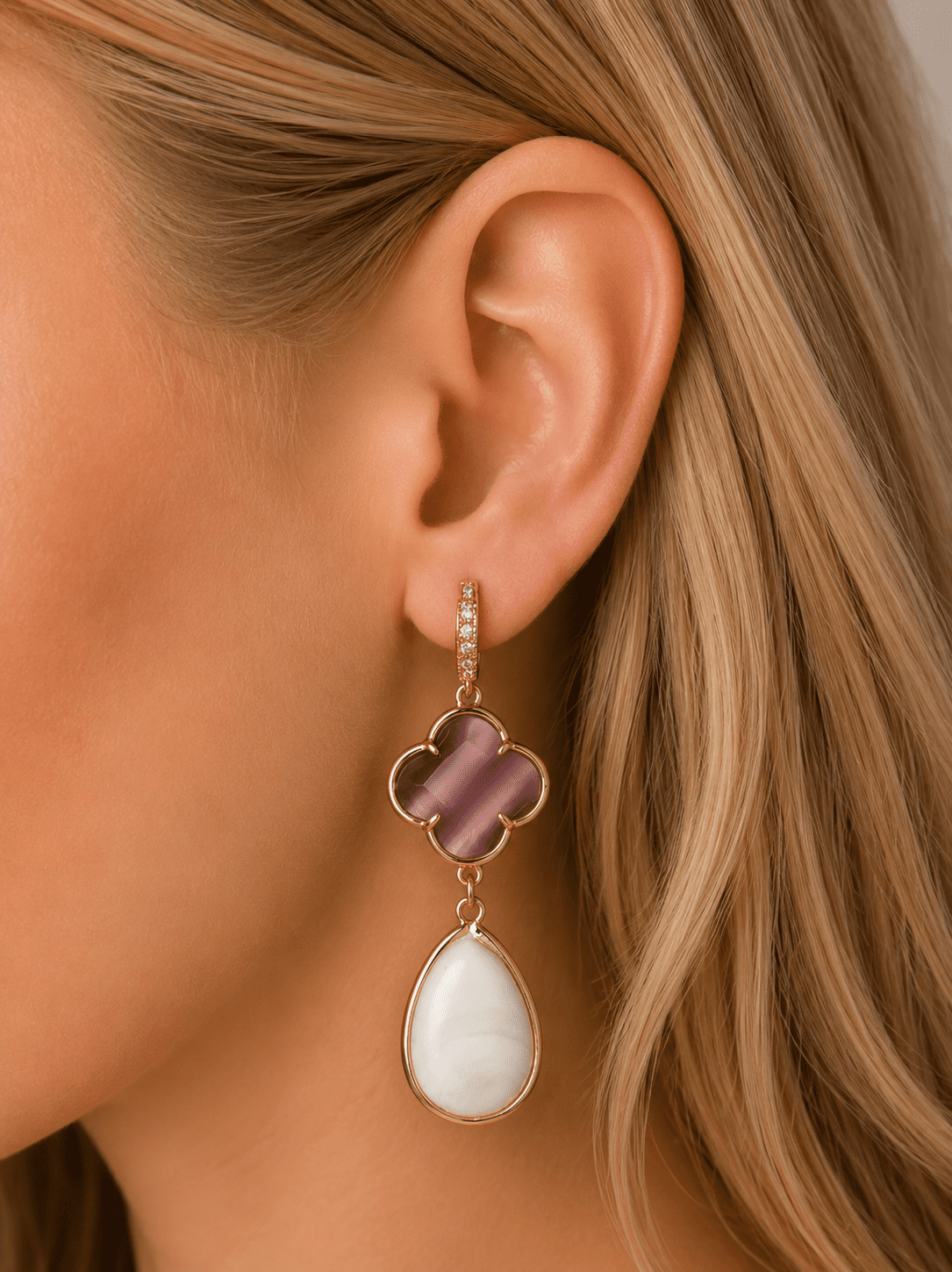 ROYAL SOUL Rose Powder Cat's Eye and Mother-of-Pearl Drop Earrings