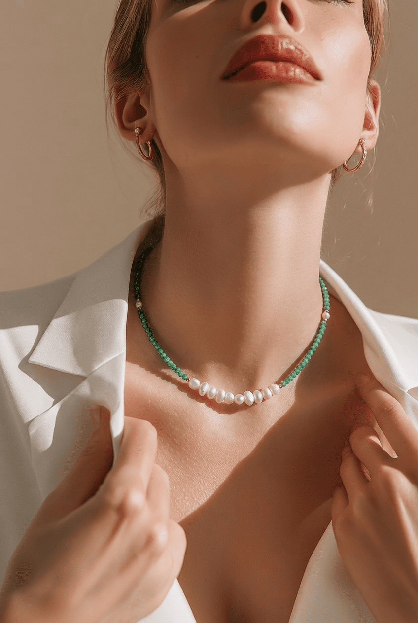 PISTACHIO GREEN crystal choker with river pearls