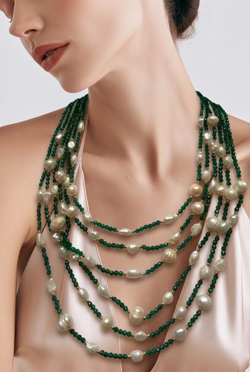 Dolce Vita emerald-green crystal and baroque pearl necklace with natural stones