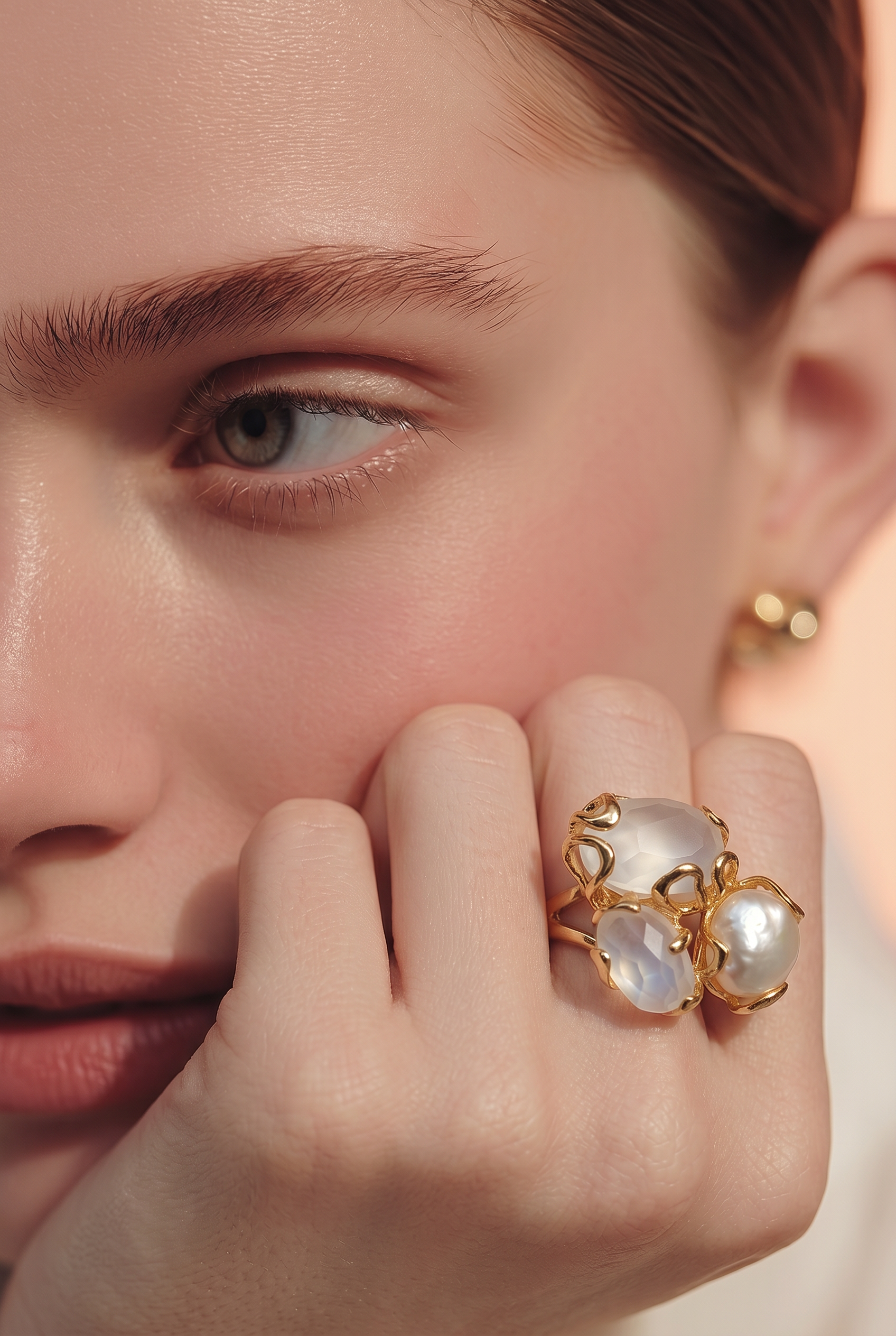 CHAMPAGNE cat's eye, Baroque pearl Caramello ring