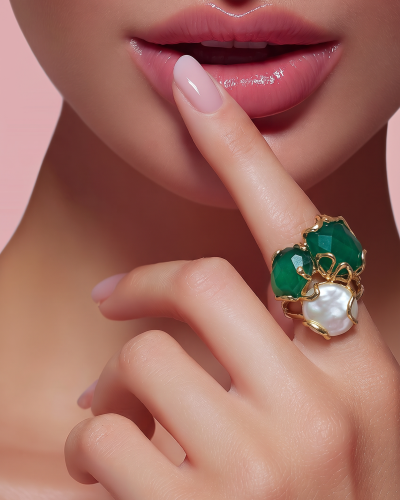 EMERALD CAT'S EYE, Baroque Pearl Caramello Ring