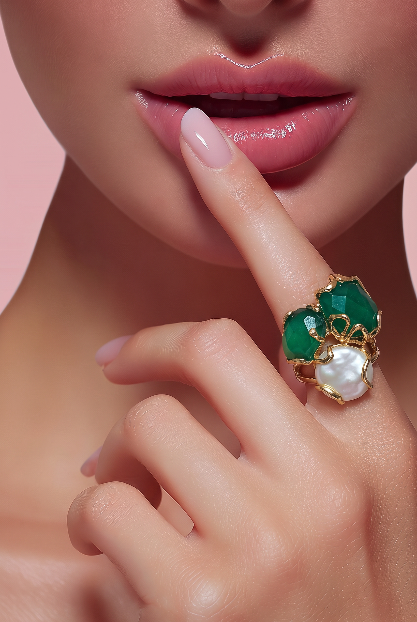 EMERALD CAT'S EYE, Baroque Pearl Caramello Ring