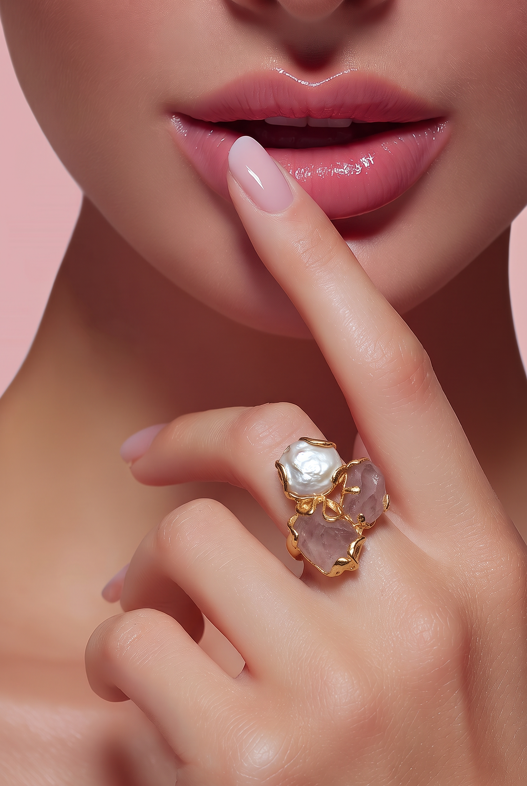 ROSE POWDER cat's eye, Baroque pearl Caramello ring