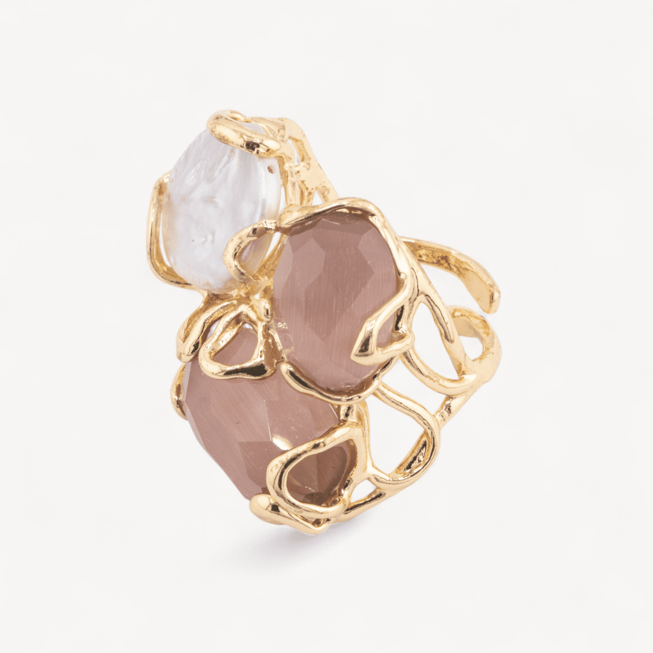 ROSE POWDER cat's eye, Baroque pearl Caramello ring - Image 2