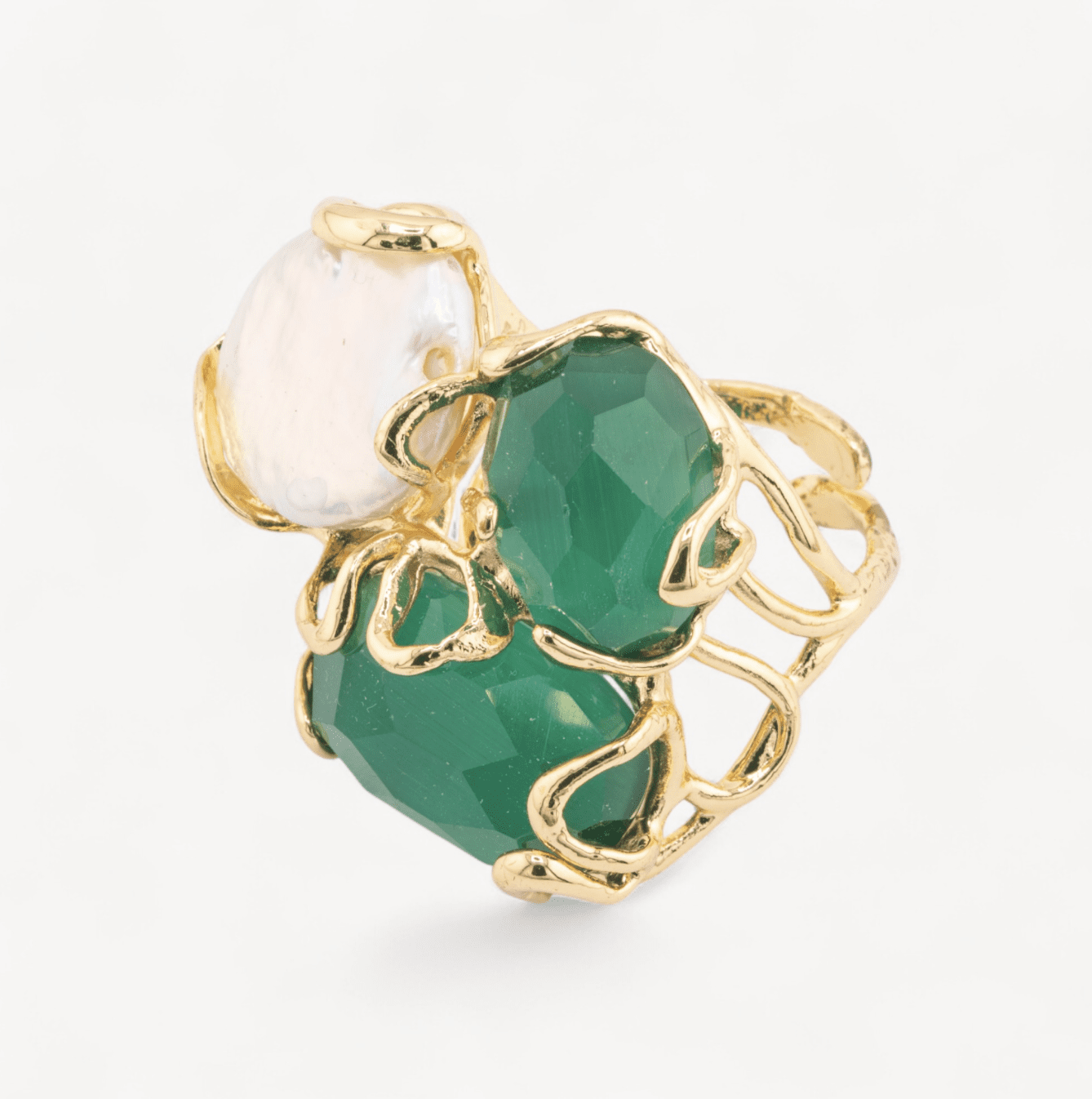 EMERALD CAT'S EYE, Baroque Pearl Caramello Ring - Image 2